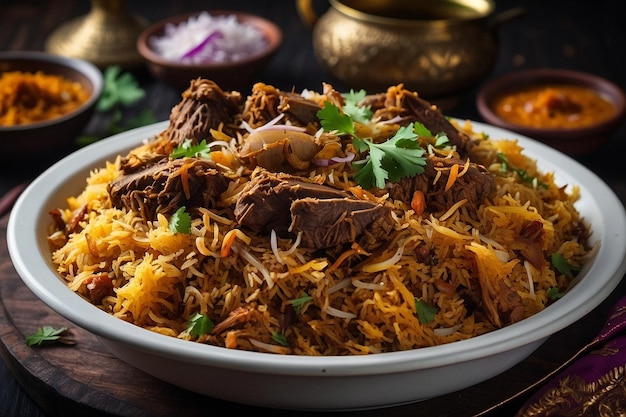 Foto default mouthwatering mutton biryani con cipolle fritte