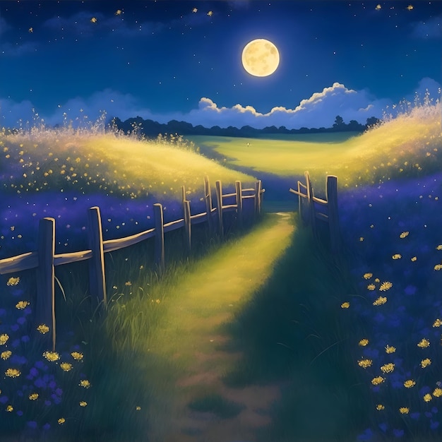 Photo default a painting of a field with a path and a full moon