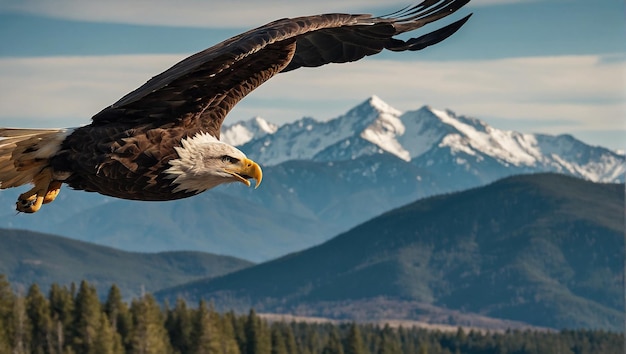 Default A photo of a bald eagle soaring over a mountainous