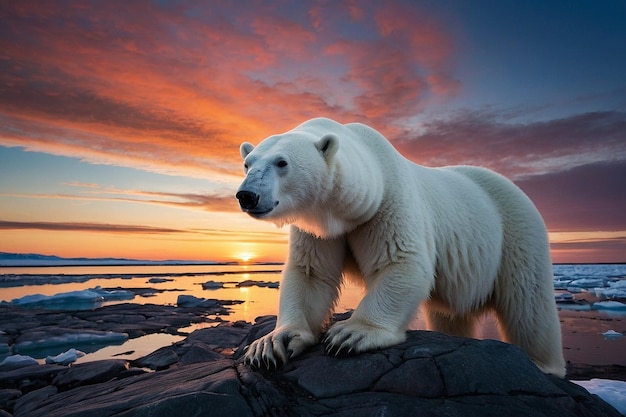 Photo default polar bear and arctic night sky at sunrise