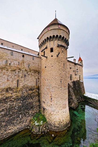 Defence Tower of Chillon Castle. It is an island castle on Lake Geneva (Lac Leman) in the Vaud canton, between Montreux and Villeneuve.