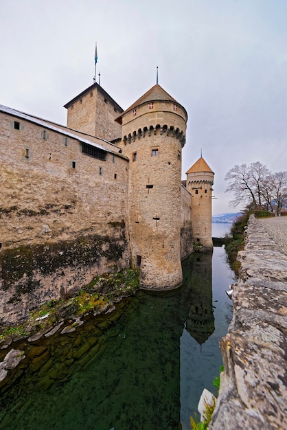 Defense Towers of Chillon Castle. It is an island castle on Lake Geneva (Lac Leman) in the Vaud canton, between Montreux and Villeneuve.