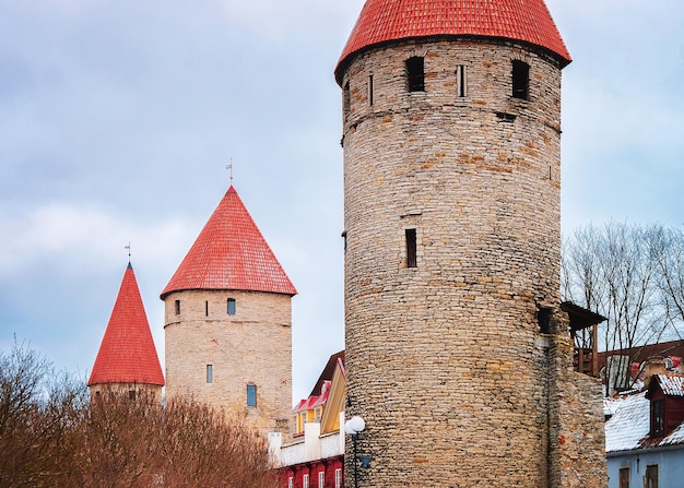 Defensive towers of the Old town of Tallinn, Estonia in winter