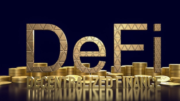 The  defi farming gold word and gold coins  for cryptocurrency business concept 3d rendering