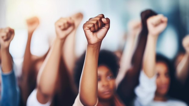 Photo defiant uprising hands raised against injustice