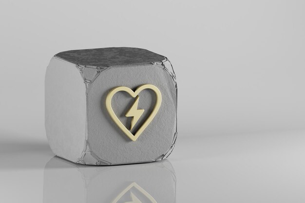 Defibrilator icon Beautiful Golden symbol icons on a beton cube and white ceramic background 3d re