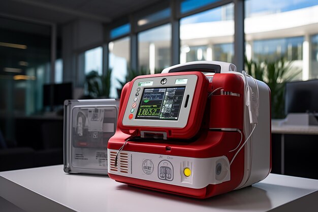 Photo defibrillator in a clinical setting emphasizing urgency