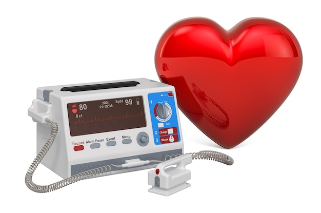 Defibrillator with red heart 3D rendering