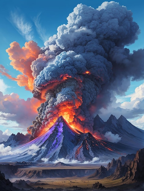 Defined blue volcano erupting into the sky in the background and making it imposing color its irises