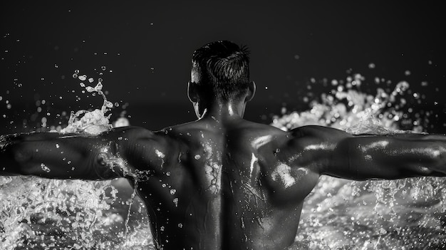 The defined muscles of a swimmers back and shoulders flex as they power through the water