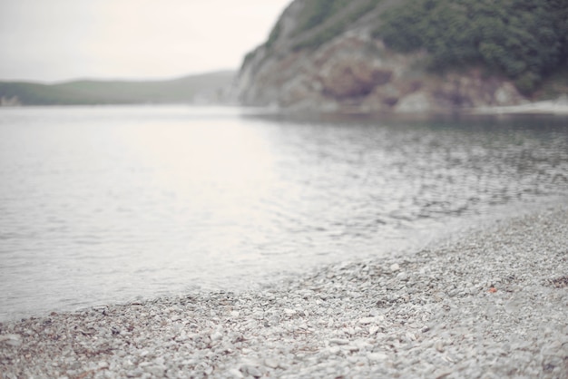 Baia monocromatica della collina della natura del ciottolo dell'acqua del paesaggio di estate della spiaggia di defocus.