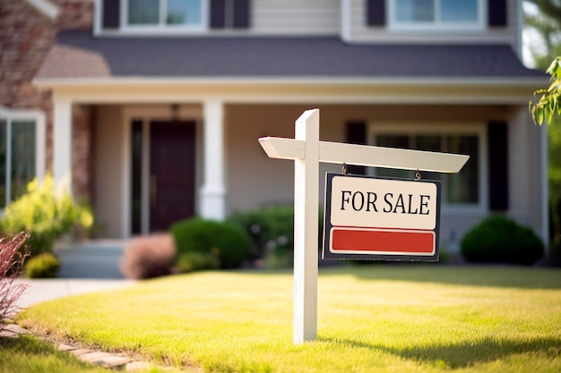 Defocused background of a beautiful house with a sign nailed to the garden with the slogan For Sale