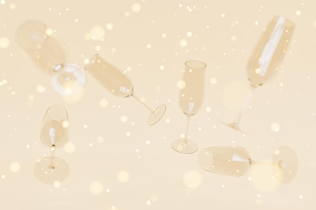 Photo defocused background of champagne glasses with glowing lights on a warm background christmas and new year background 3d rendering