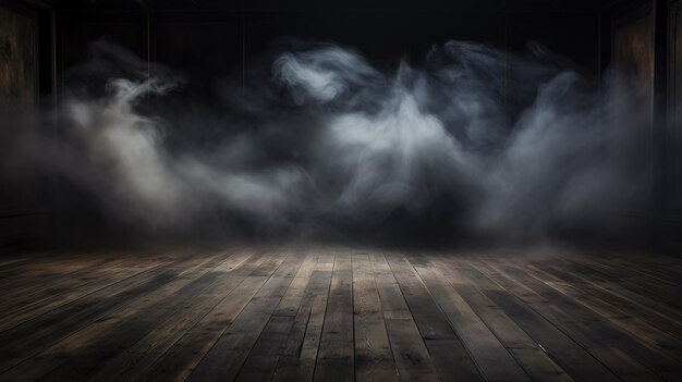 Defocused background of fog in darkness smoke and mist on a wooden floor Abstract and moody Halloween backdrop