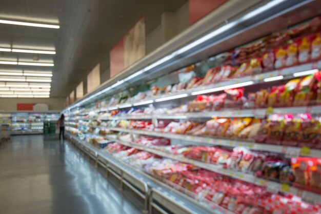 Defocused blur of supermarket meat with dairy products Blur background with bokeh