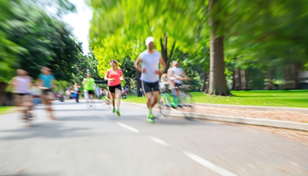 Defocused blurred motion background of summer activities at the city park