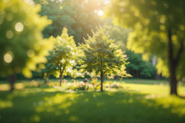 Defocused bokeh background of garden trees in sunny day