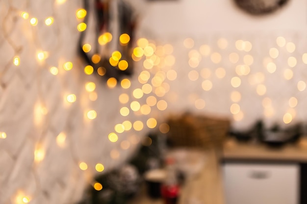 Defocused bokeh cozy flat kitchen room