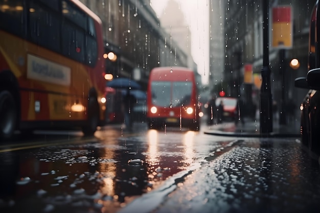 Defocused England abstract sityscape with rainy street and red buses ai generative illustration