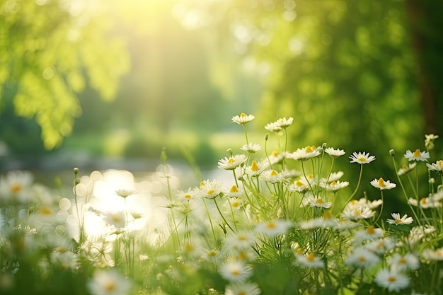 森や公園の緑色の木に野草と花が散らばっておりデイジーと太陽の光が照らされています