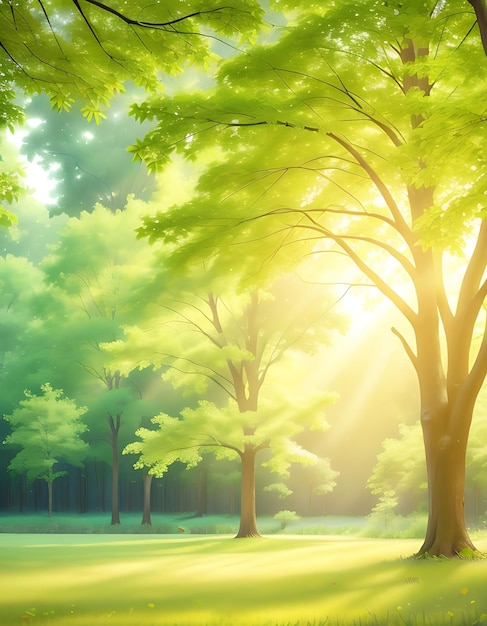 Defocused green trees in forest or park with wild grass and sun beams