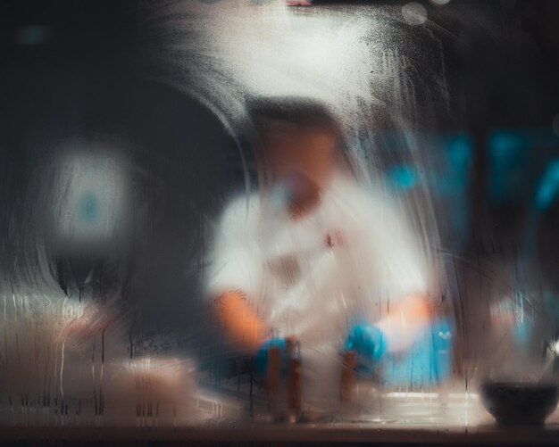 Photo defocused image of man seen through wet window