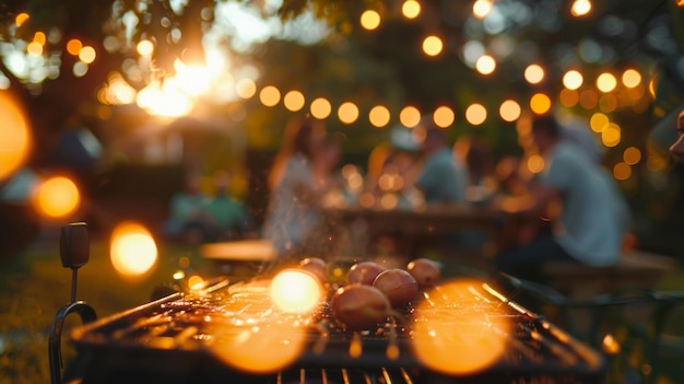 Defocused laughter and chatter fill the air as a backyard barbecue blurs into the background with