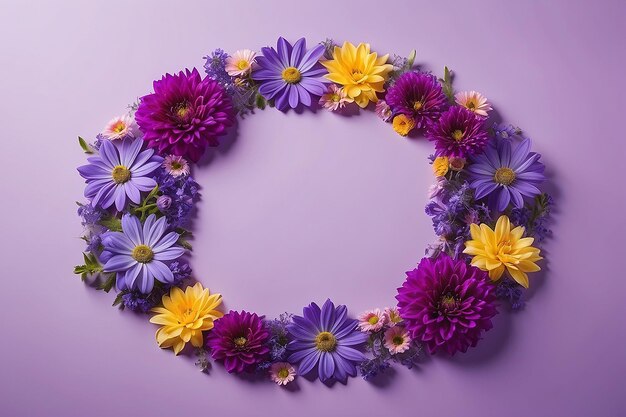 Defocused purple flowers arranged in circle on multicolored backdrop