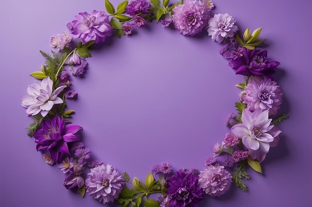 Defocused purple flowers arranged in circle on multicolored backdrop