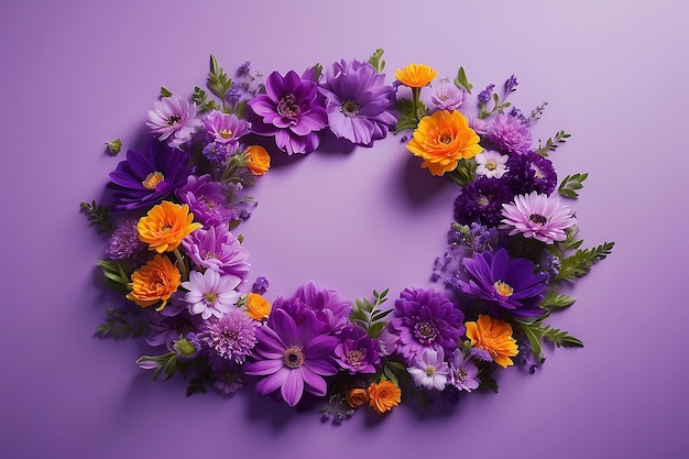 Defocused purple flowers arranged in circle on multicolored backdrop