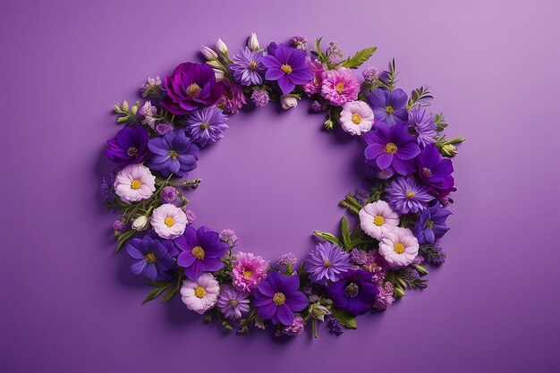 Defocused purple flowers arranged in circle on multicolored backdrop