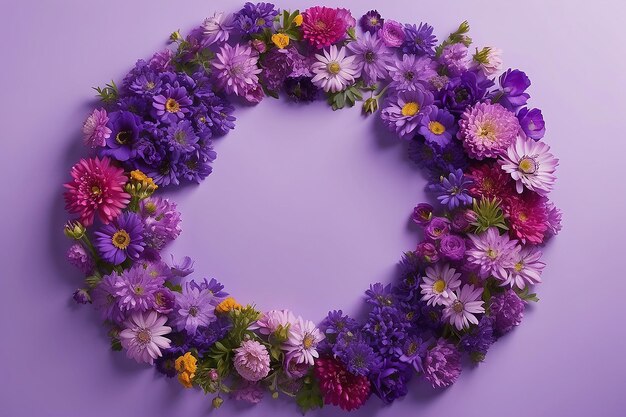 Defocused purple flowers arranged in circle on multicolored backdrop