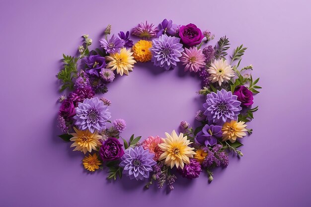 多色の背景に円形に配置された多重の紫色の花