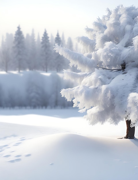 3D レンダリングで焦点を当てた雪に覆われた木の風景