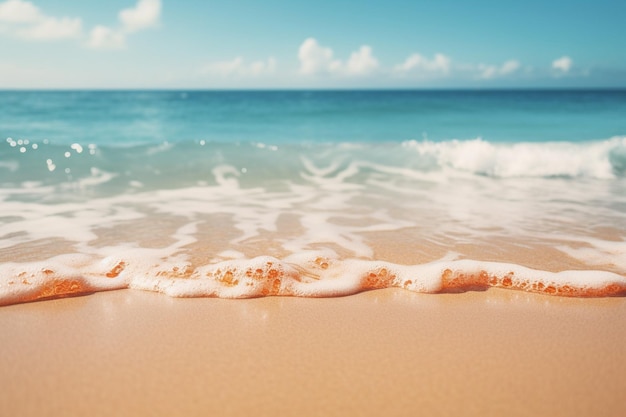 Photo defocused summer background of a beach with palm leaves in the corners for product or copy space
