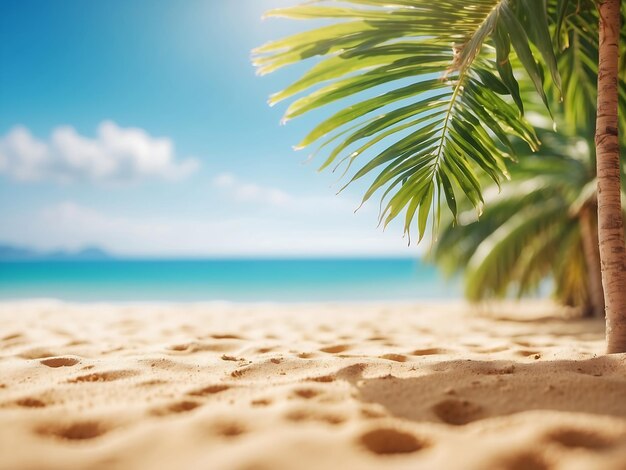 Defocused summer background of beach with palm leaves