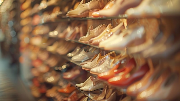 Defocused a wall of shimmering designer shoes in various colors and textures creates a mesmerizing