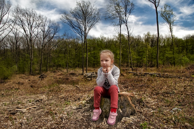 森林破壊。惑星の生態学的問題、松林の森林破壊。少女は森林伐採のサイトを検査します