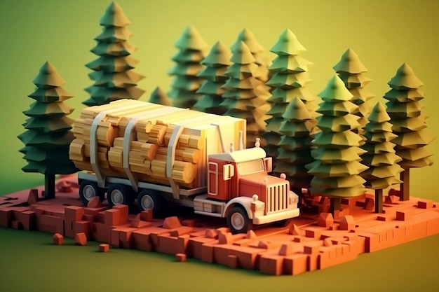 Deforestation with truck bring tree and cutted log 3d low poly graphic illustration generative AI