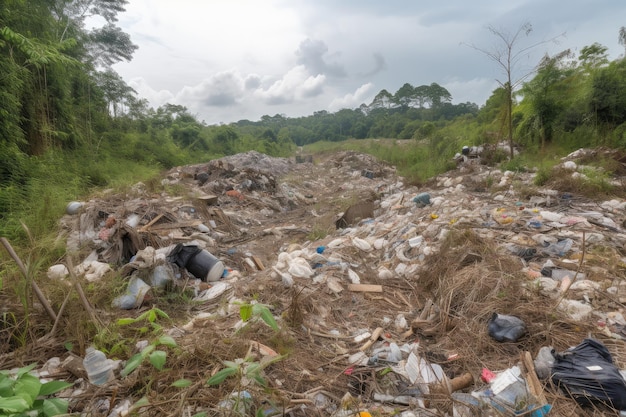 Deforested area filled with plastic waste discarded packaging and other trash