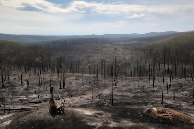 Deforested area with view of clearcut and burned trees surrounded by charred forest ground