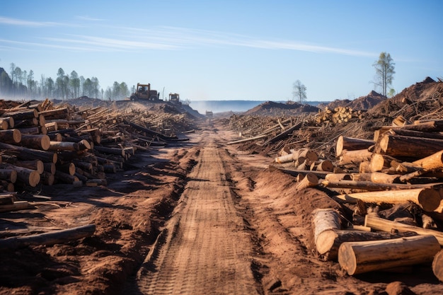 伐採された森林 違法な伐採 枯れ果てた森林 木材の山 プロの写真