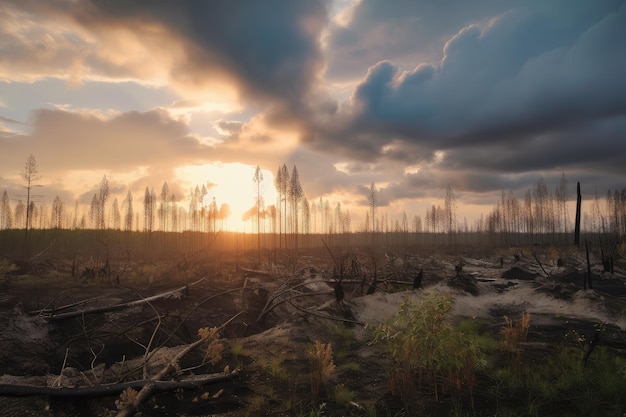 劇的な空と雲のある日没時の森林破壊の風景