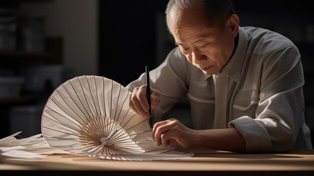 사진 유능한 손으로 섬세한 종이를 접는 재능있는 일본 팬 제작자