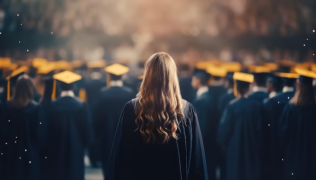 degree wearing girl standing with her back to the crowd