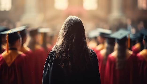 群衆に背中を向けて立っている女子を着た学位