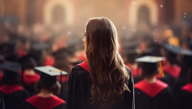 degree wearing girl standing with her back to the crowd