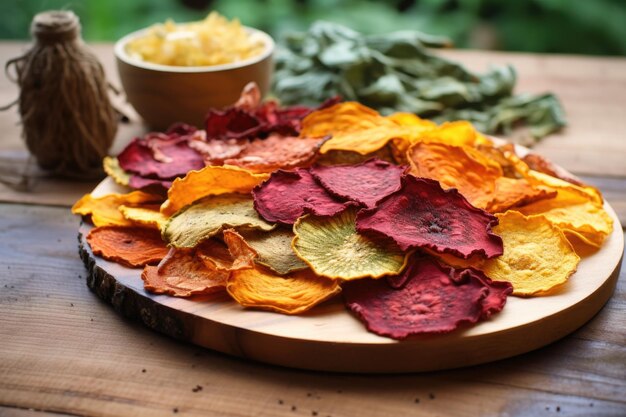 Dehydrated vegetable chips on a wooden board