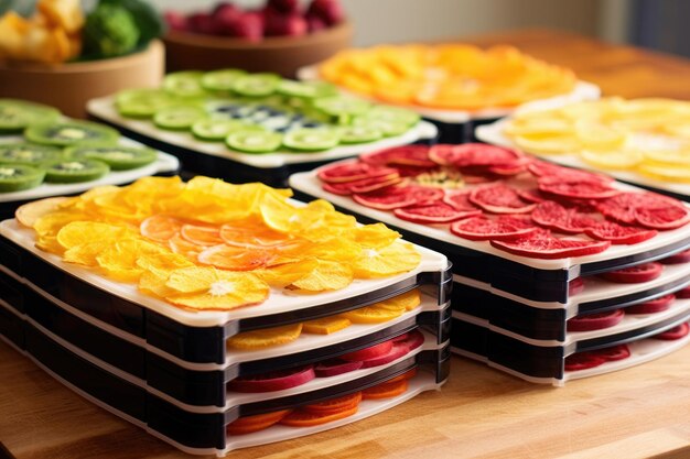 Dehydrator with colorful fruit slices on trays