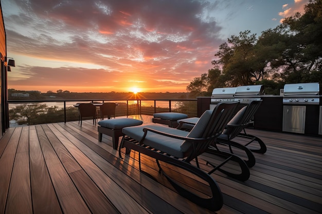 Dek met ingebouwde grill-loungestoelen en uitzicht op de zonsondergang
